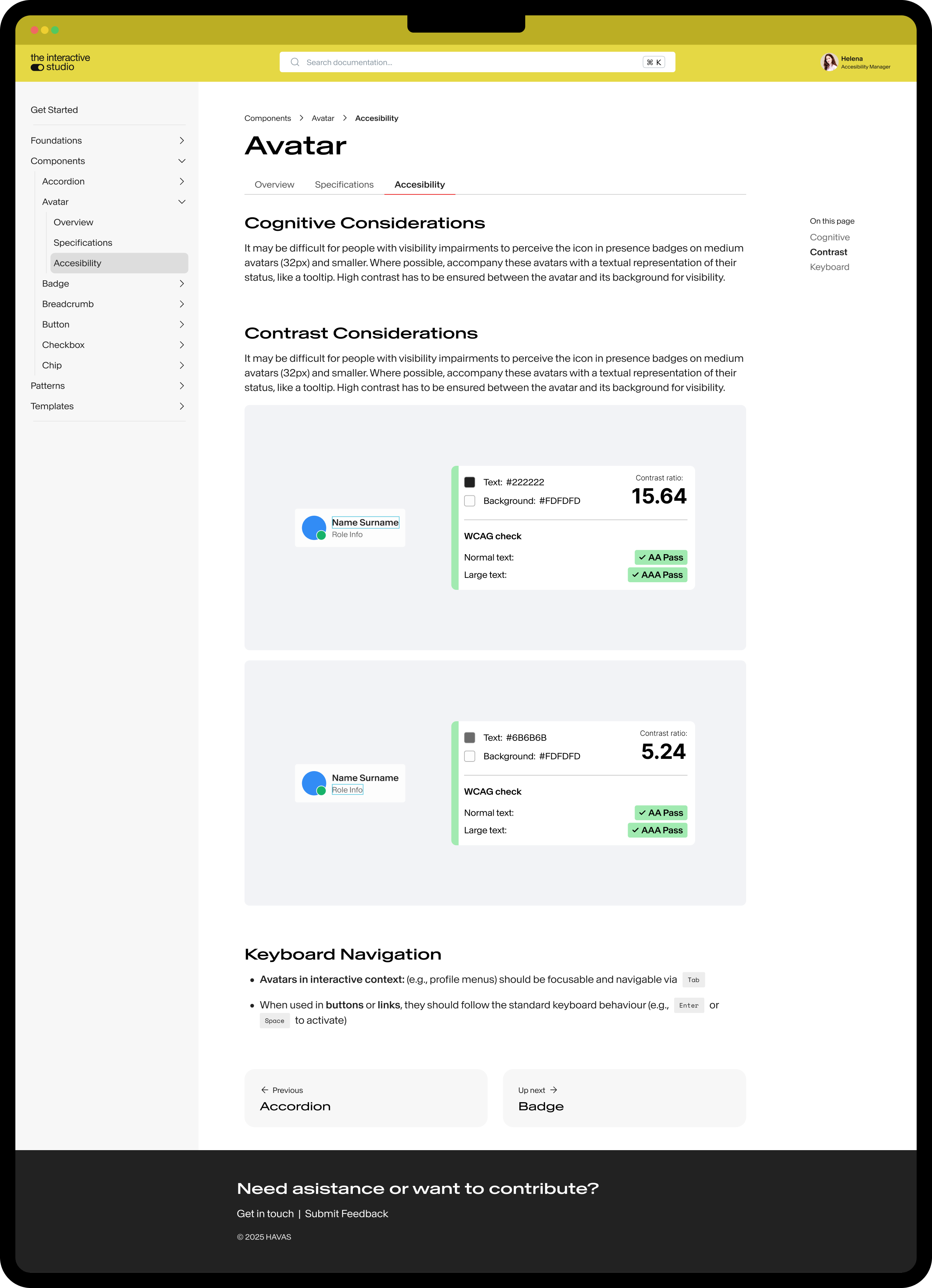 Design system documentation with accessibility guidelines